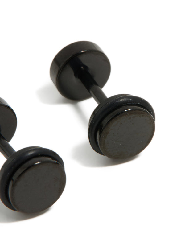 Displaying black coated surgical steel disc flat back studs with detailed construction post detail view