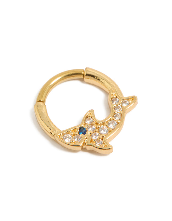 Showcasing a statement shark clicker ring crafted from surgical steel with cubic zirconia stones in gold plated finish featuring ocean design front view