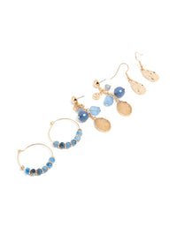 Gold & Blue Beaded Drop & Hoop Earrings 3-Pack - link has visual effect only