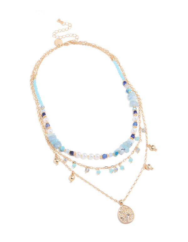Gold Blue Stone Beaded & Charm Layered Necklace