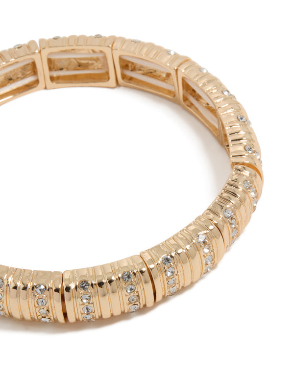 Featuring gold ribbed diamante stretch bracelet close up view