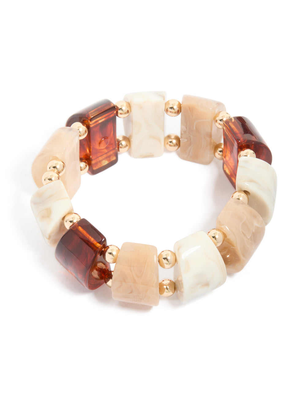 Showcasing a brown and cream acrylic beaded stretch bracelet featuring alternating rectangular beads in beige ivory saddle brown with gold spacer balls accents front view