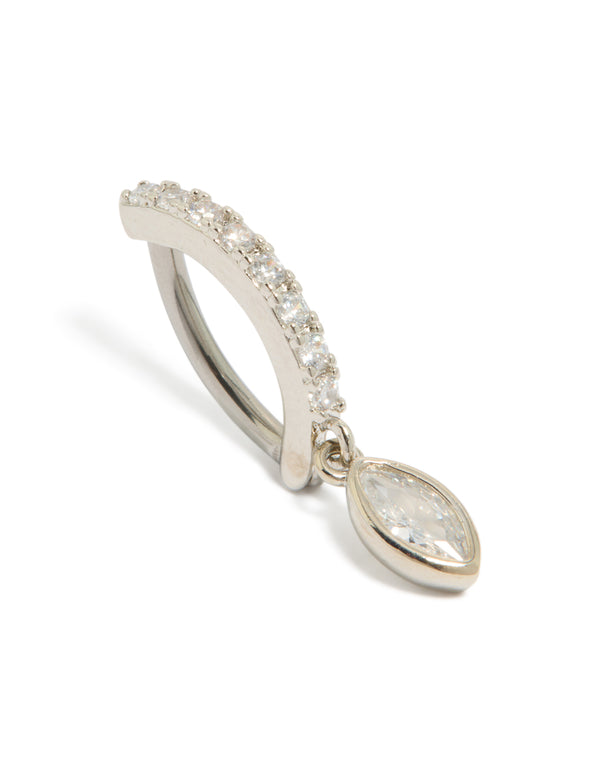 Crafted from surgical steel, this cubic zirconia circle drop belly ring in silver and clear stone front view