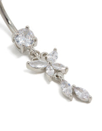 Featuring a titanium belly bar with butterfly and charm drop, showcasing cubic zirconia stones and metal balls on a curved bar close up view - link has visual effect only