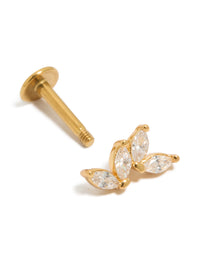 Showcasing single small leaf design stud earrings with small cubic zirconia stones, crafted from titanium and gold plated, featuring flat back closure front view - link has visual effect only
