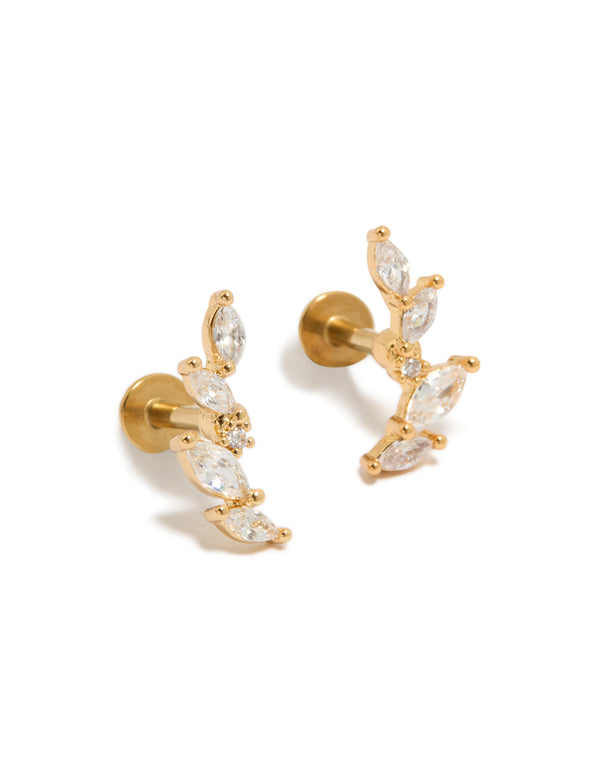 Elegant gold plated titanium crawler stud earrings featuring cubic zirconia with flat back closure front view