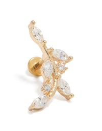 Elegant gold plated titanium curved vine flat back stud with cubic zirconia in clear front view - link has visual effect only