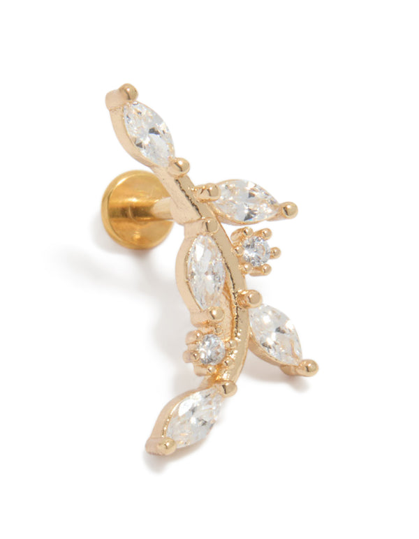 Discover a gold plated titanium curved vine flat back stud with cubic zirconia in clear close up view