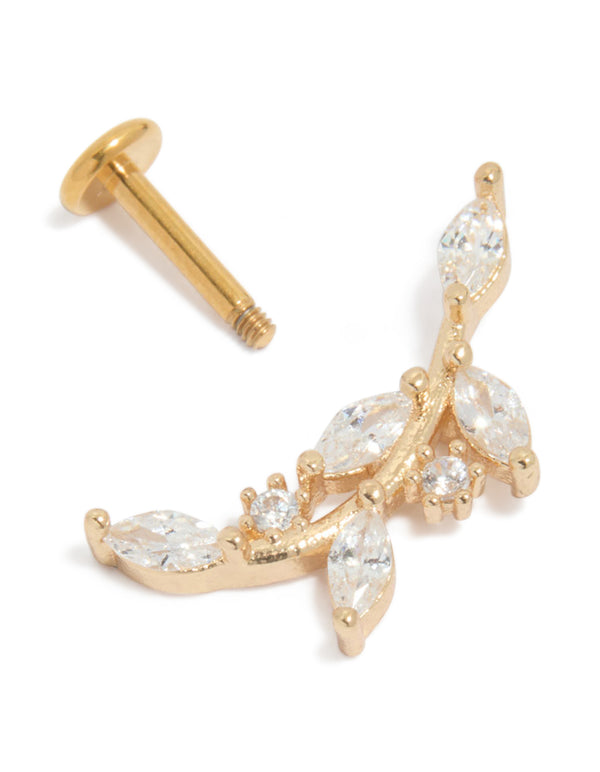 Crafted from gold plated titanium, this curved vine flat back stud showcases with cubic zirconia in clear post detail view