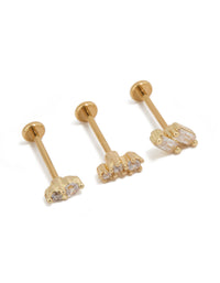 Featuring gold plated titanium earrings with baguette cut cubic zirconia stones in a 3-pack and flat back closure front view - link has visual effect only
