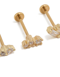 Designed with gold plated titanium and baguette cut cubic zirconia stones in a 3-pack featuring flat back closure close up view - link has visual effect only