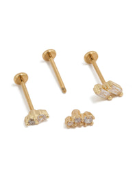Presenting gold plated titanium earrings with baguette cut cubic zirconia stones in a 3-pack and flat back closure post detail view - link has visual effect only