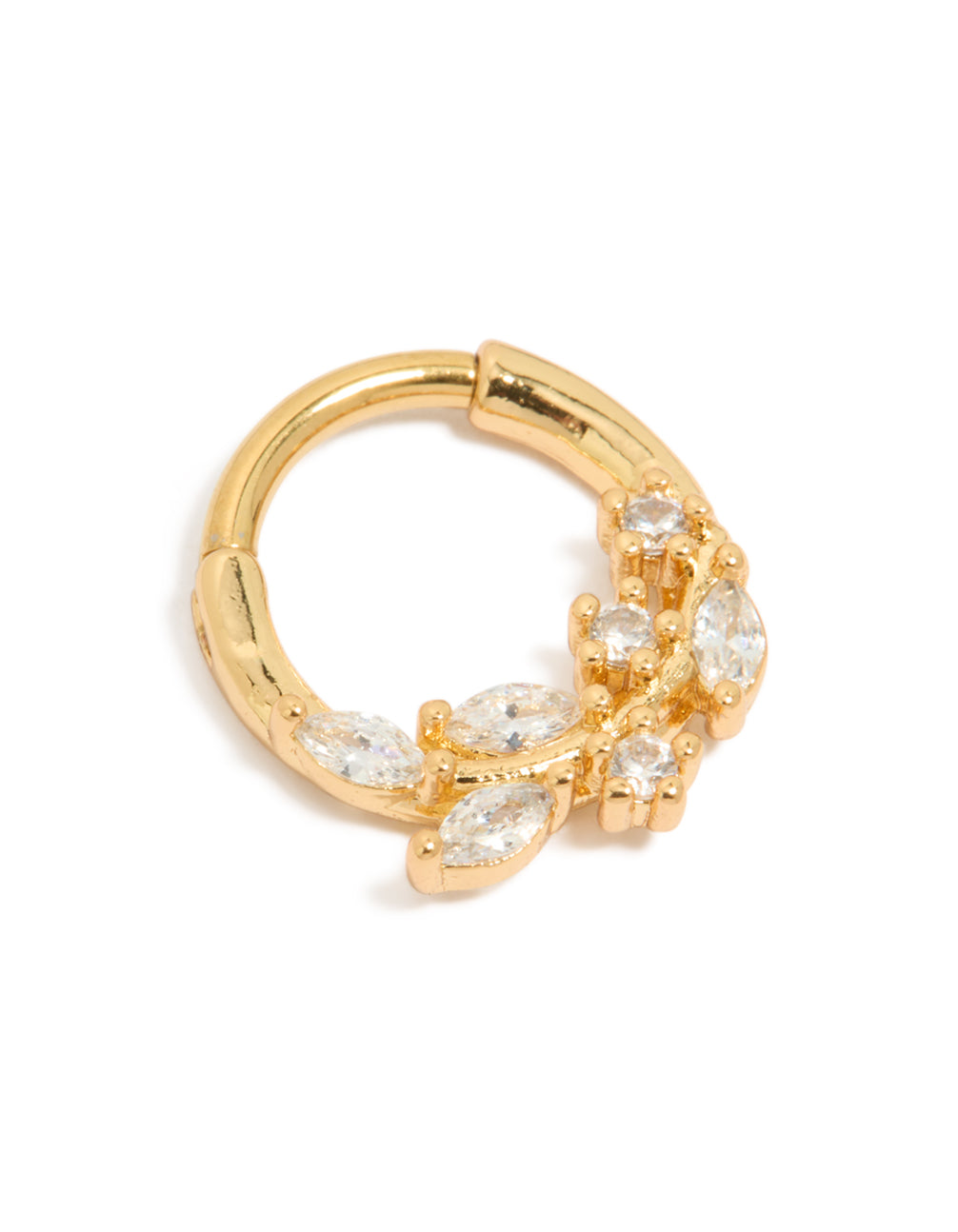 Showcasing a floral leaf design with cubic zirconia stones, crafted from gold plated titanium, this clicker ring radiates elegance in clear stone front view