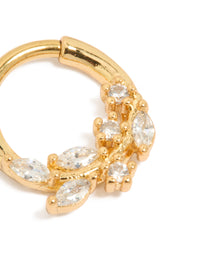 Featuring a vine-inspired floral pattern with marquise and round cut cubic zirconia, this gold plated titanium clicker ring is captured in detail view - link has visual effect only