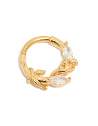Showcasing a gold plated titanium clicker ring with leaf design and cubic zirconia stones front view - link has visual effect only