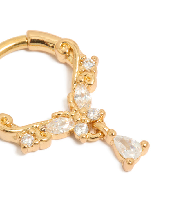 Crafted from gold plated titanium with butterfly charm and cubic zirconia ring detail view