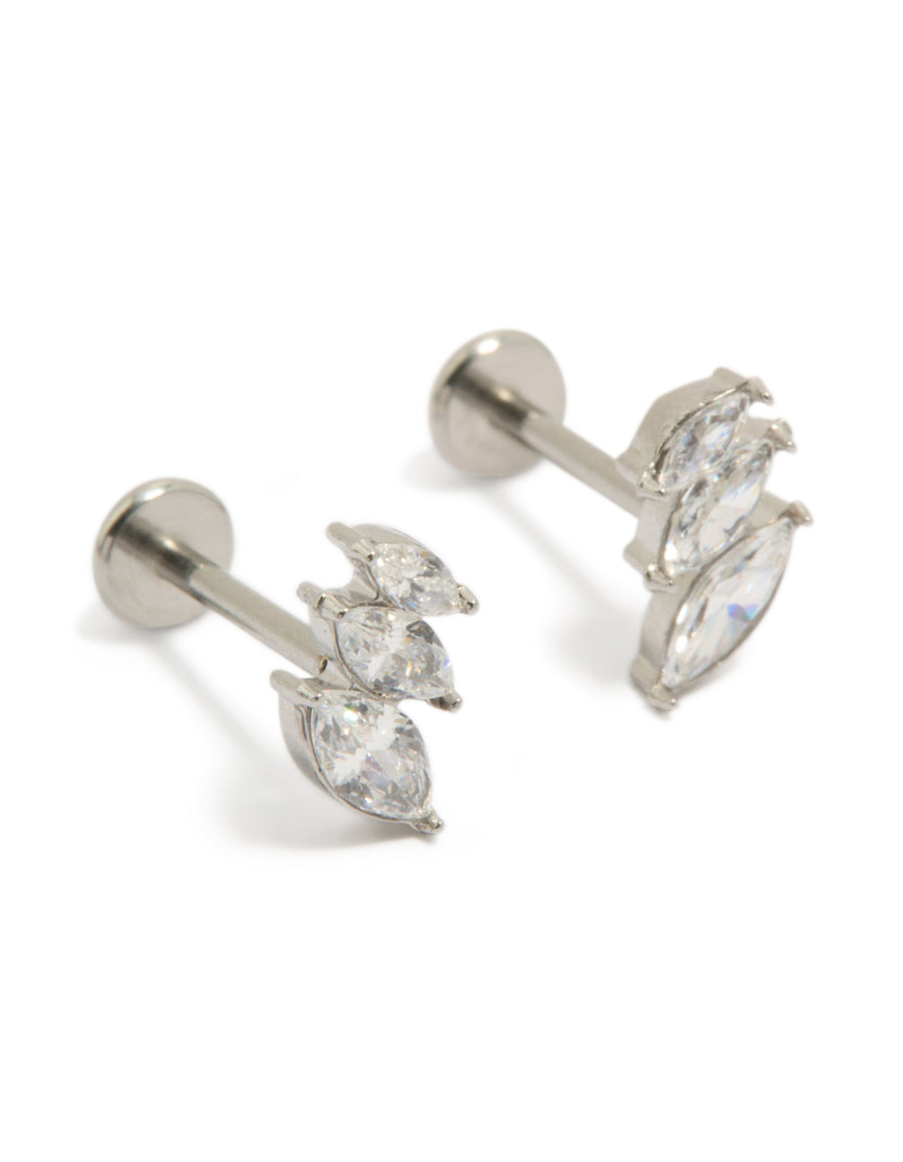 Showcasing surgical steel triple marquise flat back studs featuring cubic zirconia stones in silver and clear front view