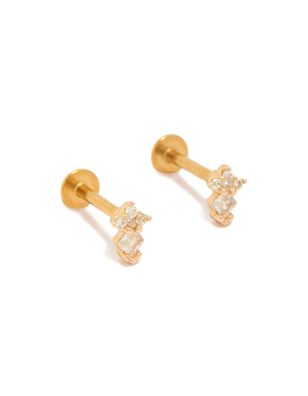 Showcasing mini stud earrings in surgical steel with cubic zirconia stones and flat back closure in gold plated finish front view