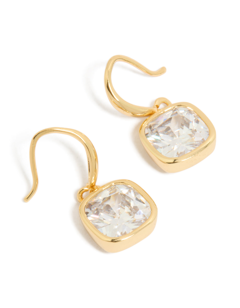 Beautifully crafted gold plated square cubic zirconia hook earrings front view