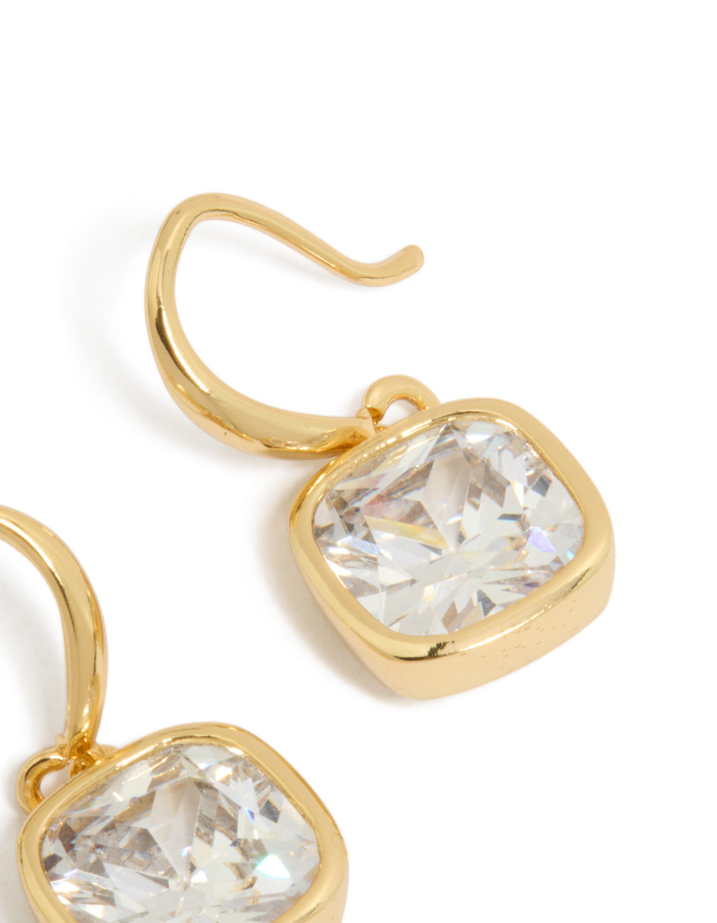 Presenting gold plated square cubic zirconia hook earrings post detail view