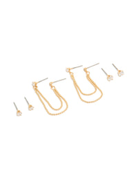 Gold Plated  Cubic Zirconia Double Layered Chain & Stud Earrings 3-Pack - link has visual effect only