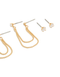 Gold Plated  Cubic Zirconia Double Layered Chain & Stud Earrings 3-Pack - link has visual effect only