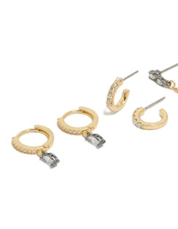 Gold Plated Cubic Zirconia Chain & Huggie Earrings 3- Pack - link has visual effect only