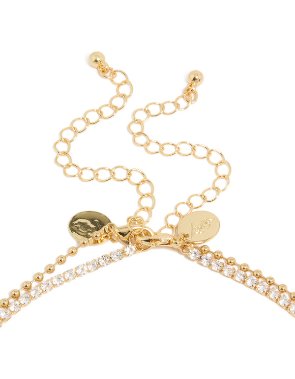 Gold Plated Cubic Zirconia Tennis &  Droplets Layered Necklace