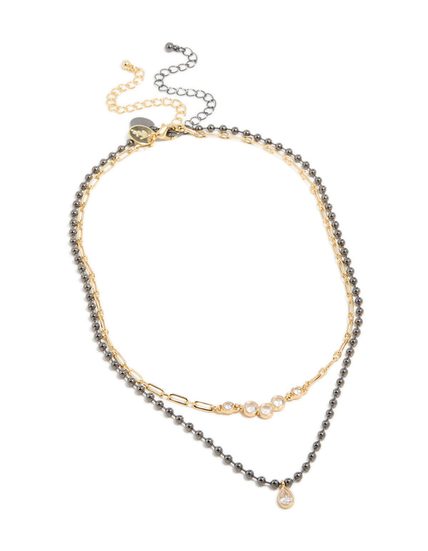 Mixed Metal Plated Cubic Zirconia Teardrop & Cluster Layered Necklace