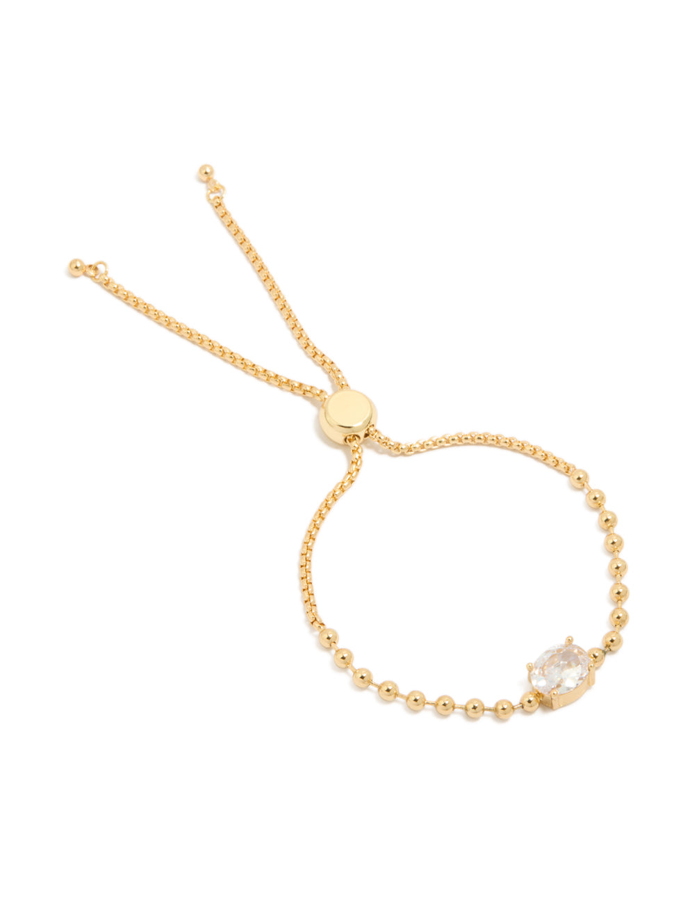Beautifully crafted ball and cubic zirconia oval toggle chain bracelet in gold plated front view