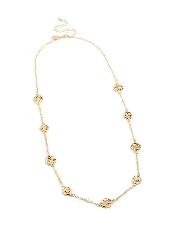 Gold Plated Long Molten Circle Discs Charm Necklace