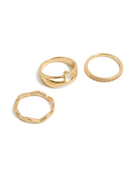Gold Plated Square & Baguette Cubic Zirconia Wavy Rings 3-Pack - link has visual effect only