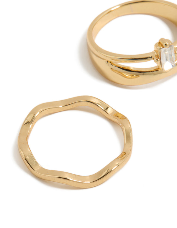 Gold Plated Square & Baguette Cubic Zirconia Wavy Rings 3-Pack