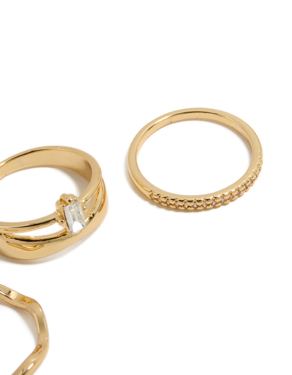 Gold Plated Square & Baguette Cubic Zirconia Wavy Rings 3-Pack