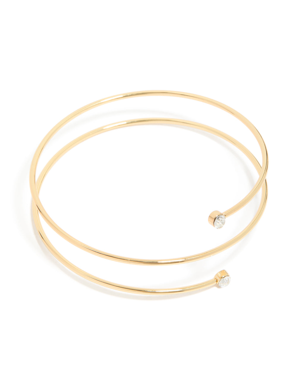 Featuring a gold plated diamante wrap around arm cuff with statement styling front view