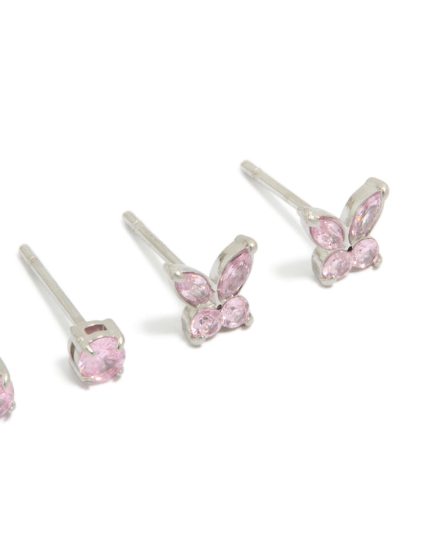 Kids Surgical Steel Bow & Circle Cubic Zirconia Stud Earrings 2-Pack