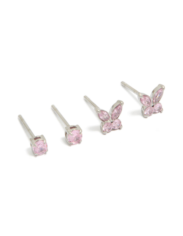 Kids Surgical Steel Bow & Circle Cubic Zirconia Stud Earrings 2-Pack