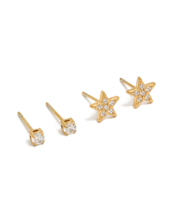 Kids Surgical Steel Cubic Zirconia & Star Stud Earrings 2-Pack