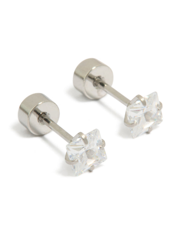 Kids Surgical Steel Cubic Zirconia Square Flat Back Studs