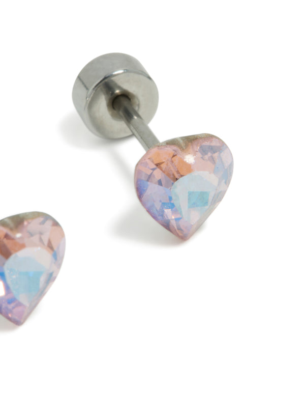 Kids Surgical Steel Iridescent Cubic Zirconia Heart Flat Back Studs