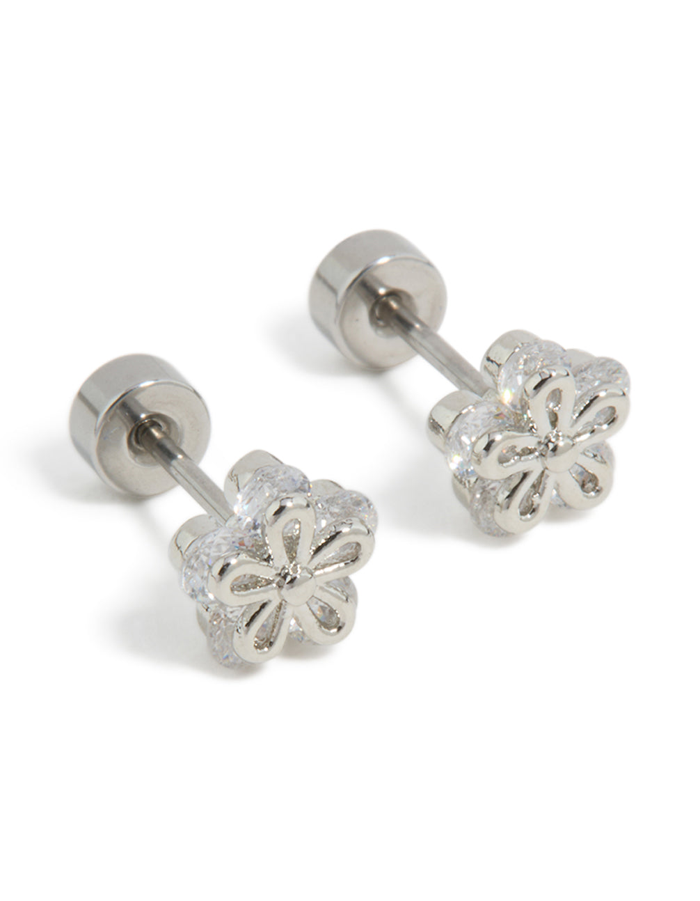 Discover kids surgical steel cubic zirconia flower flat back with studs closure front view