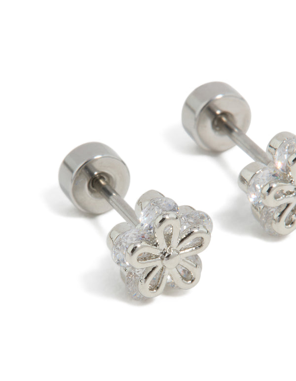 Kids Surgical Steel Cubic Zirconia  Flower Flat Back Studs