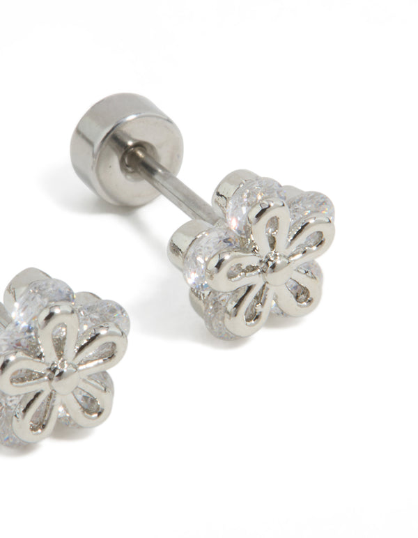 Kids Surgical Steel Cubic Zirconia  Flower Flat Back Studs