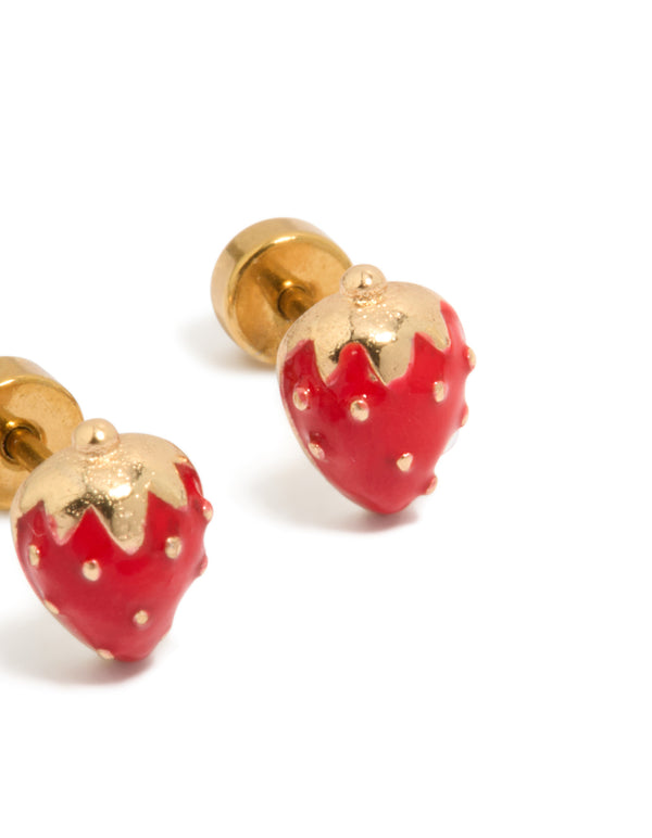 Kids Gold Plated Surgical Steel Strawberry Flat Back Studs