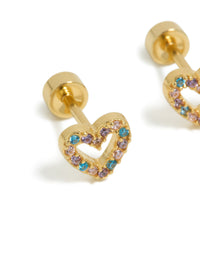 Kids Gold Plated Surgical Steel Cubic Zirconia Pave Heart Flat Back Studs - link has visual effect only