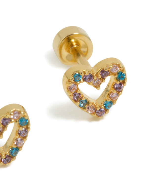 Kids Gold Plated Surgical Steel Cubic Zirconia Pave Heart Flat Back Studs
