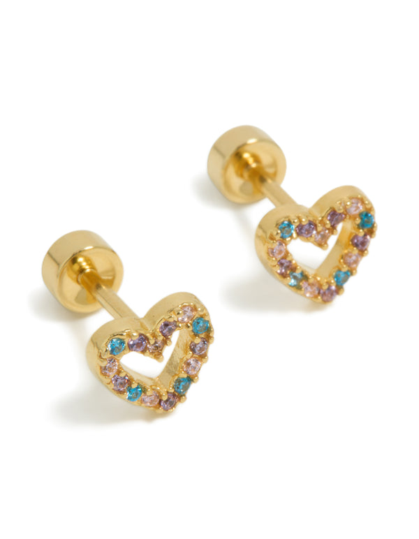 Kids Gold Plated Surgical Steel Cubic Zirconia Pave Heart Flat Back Studs