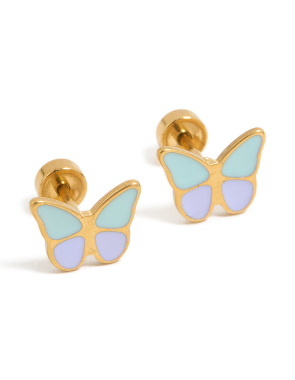 Kids Gold Plated Surgical Steel Colour Mix Butterfly Flat Back Studs