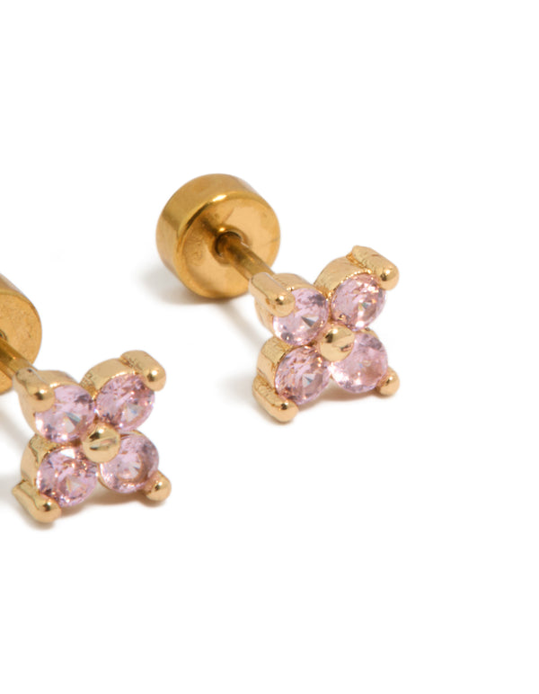 Kids Gold Plated Surgical Steel Pink Cubic Zirconia Flower Flat Back Studs