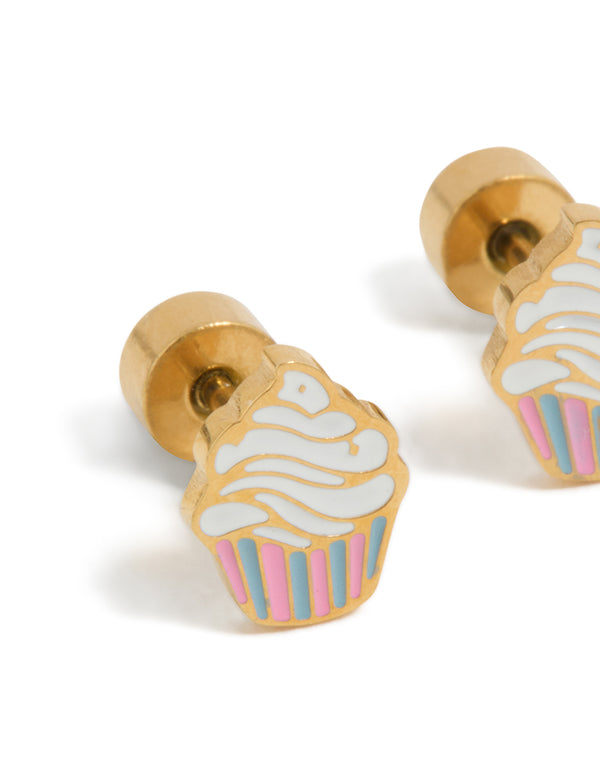 Kids Gold Plated Surgical Steel Enamel Cupcake Flat Back Studs